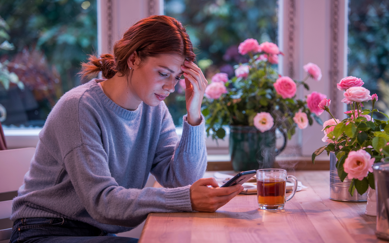 Person feeling reassured and supported while reading personalised guidance at home