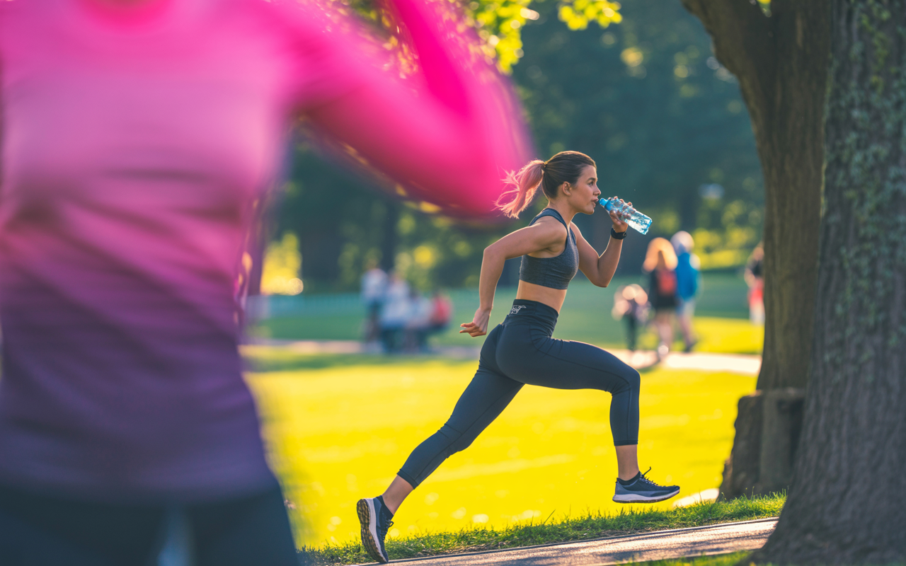 Woman keeping hydrated during run