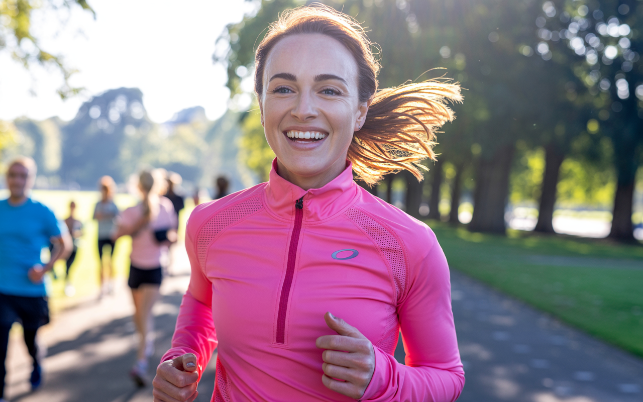 Woman running outdoors in a UK park
