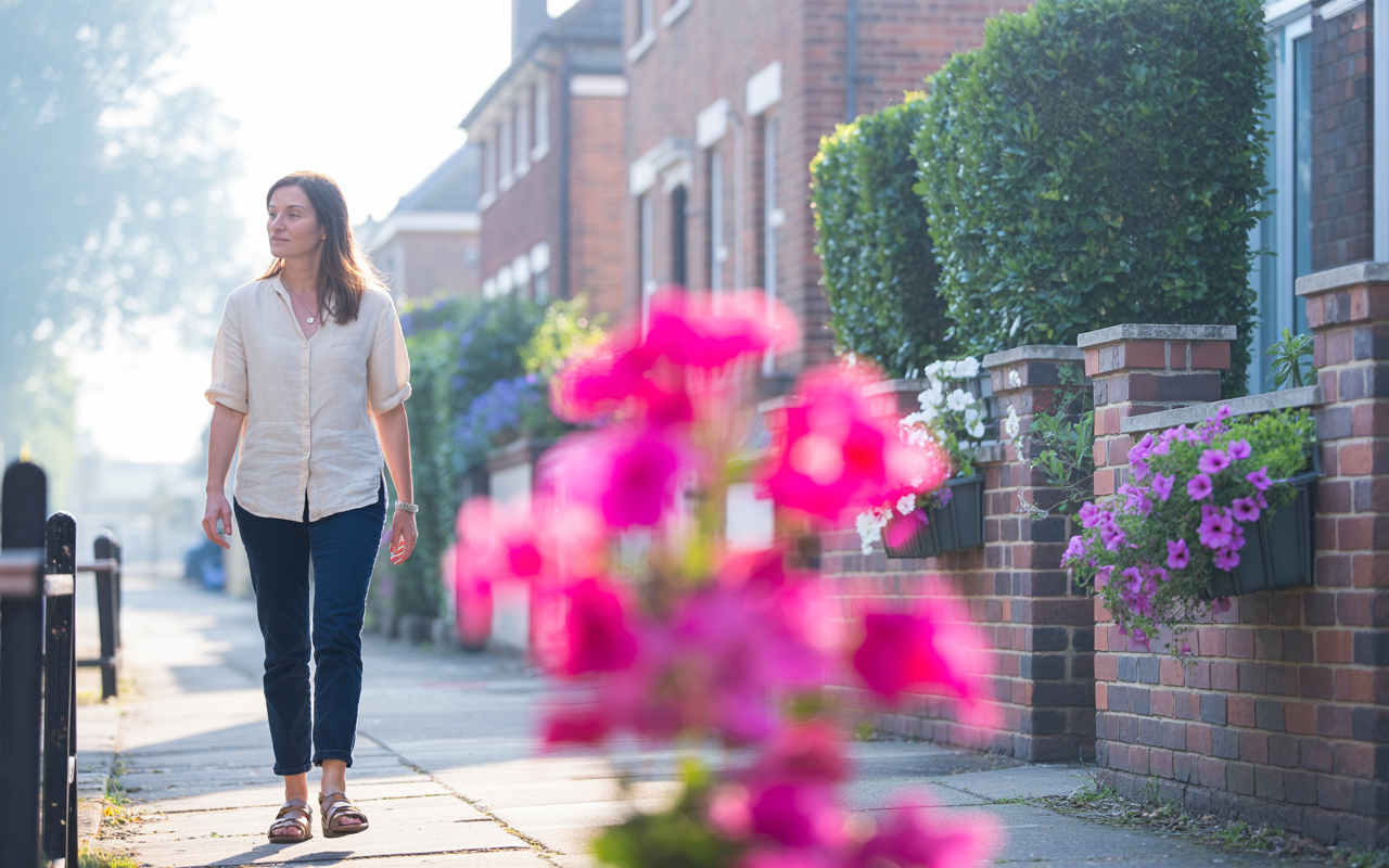 Woman walking confidently outdoors, symbolising progress on her weight-loss journey