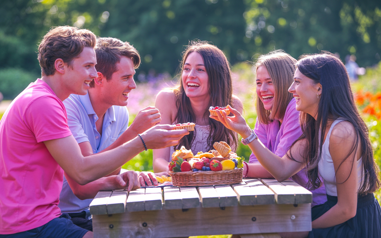 Friends sharing healthy food outdoors, representing sustainable social eating habits